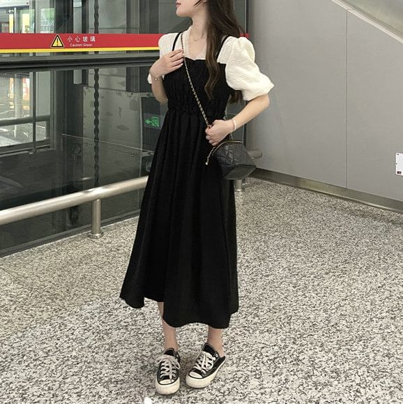 Mock A-Line Puff Midi V-Neck Dress Ruched Sleeve Two Piece