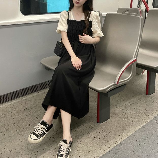 Mock A-Line Puff Midi V-Neck Dress Ruched Sleeve Two Piece