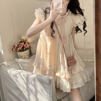 Sleeve Embroidered Cap Dress Bow Round Ruffle Mini A-Line Neck
