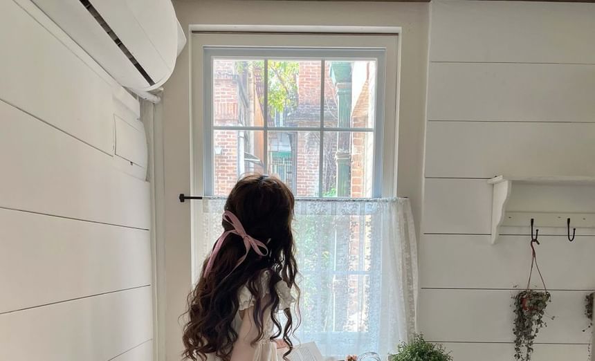 Sleeve Embroidered Cap Dress Bow Round Ruffle Mini A-Line Neck