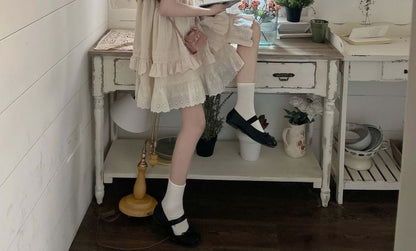 Sleeve Embroidered Cap Dress Bow Round Ruffle Mini A-Line Neck