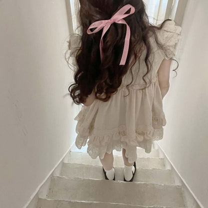 Sleeve Embroidered Cap Dress Bow Round Ruffle Mini A-Line Neck