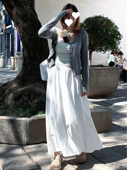 Plain Cardigan / Camisole Top / High Waist Maxi A-Line Skirt