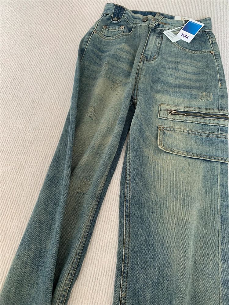 Mid Rise Fringed Hem Washed Wide Leg Jeans