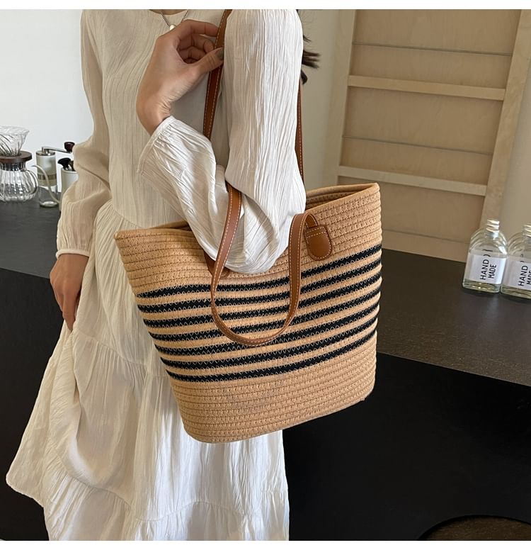 Striped Woven Tote Bag