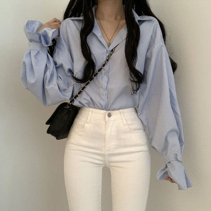 Puff-Sleeve Striped Button-Up Blouse