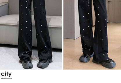 High Waist Rhinestone Wide Leg Pants