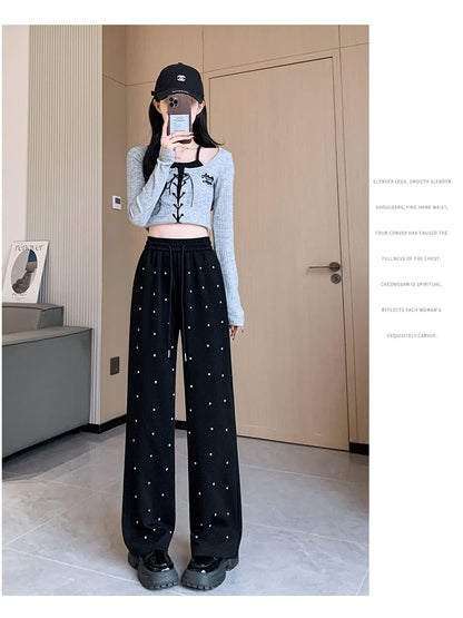 High Waist Rhinestone Wide Leg Pants