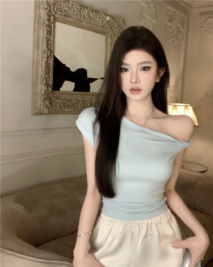 Shoulder T-Shirt Cold Cap-Sleeve Plain