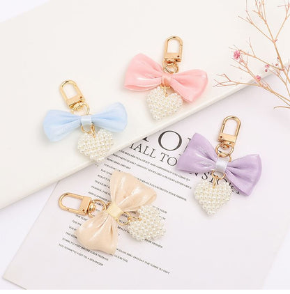 Bow Fabric Heart Faux Pearl Bag Charm Keyring (Various Designs)