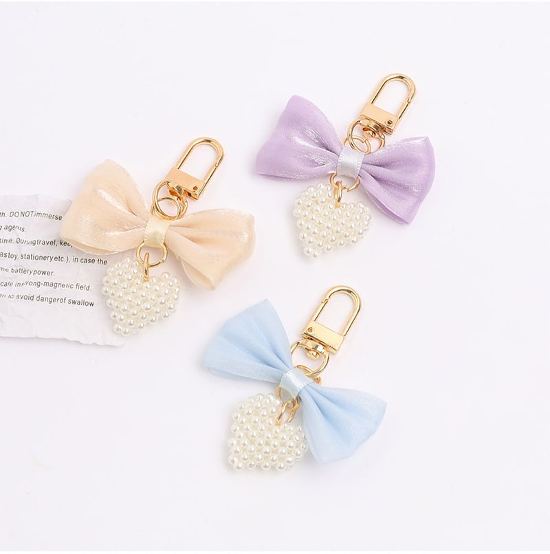 Bow Fabric Heart Faux Pearl Bag Charm Keyring (Various Designs)