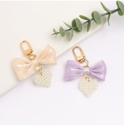 Bow Fabric Heart Faux Pearl Bag Charm Keyring (Various Designs)