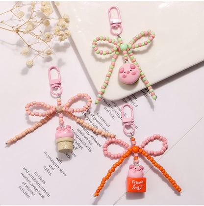 Pig Bow Bead Resin Bag Charm Keyring (Various Designs)