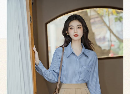 Long-Sleeve Plain Crop Top / Striped Shirt / High Waist Maxi A-Line Pleated Skirt / Set