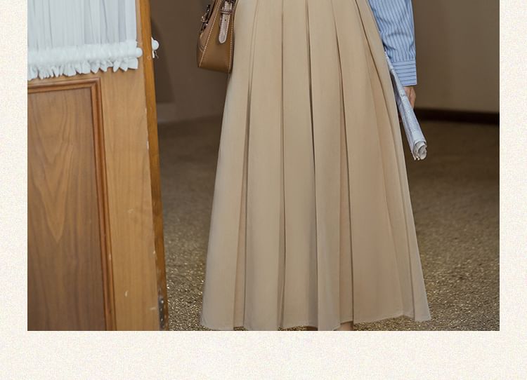 Long-Sleeve Plain Crop Top / Striped Shirt / High Waist Maxi A-Line Pleated Skirt / Set