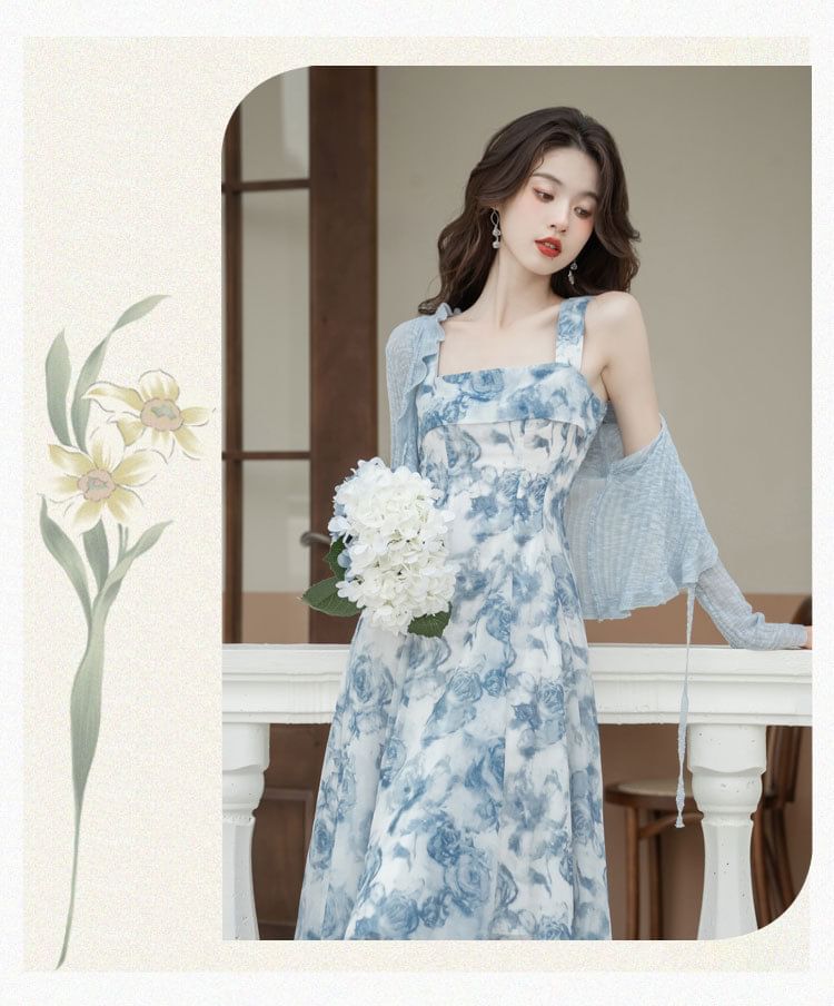 Set: Plain Light Jacket + Spaghetti Strap Print Maxi A-Line Dress