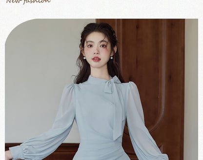 Long-Sleeve Tie Neck Plain Maxi A-Line Dress