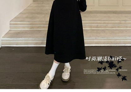 Long-Sleeve Hooded Plain Contrast Trim Midi A-Line Dress