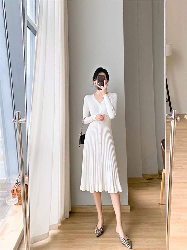 Long-Sleeve V-Neck Plain Ribbed Knit Midi A-Line Dress