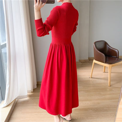 Long-Sleeve Crew Neck Plain Knit Midi A-Line Dress