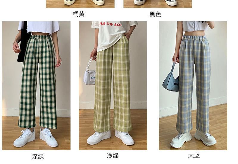Waist Leg Plaid Pants Elastic Wide