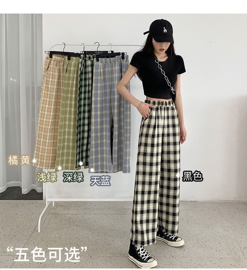 Waist Leg Plaid Pants Elastic Wide