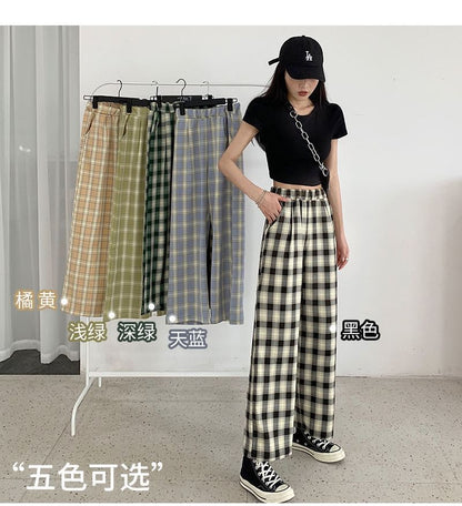 Waist Leg Plaid Pants Elastic Wide