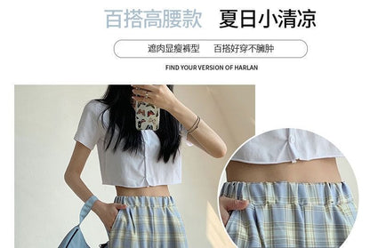 Waist Leg Plaid Pants Elastic Wide