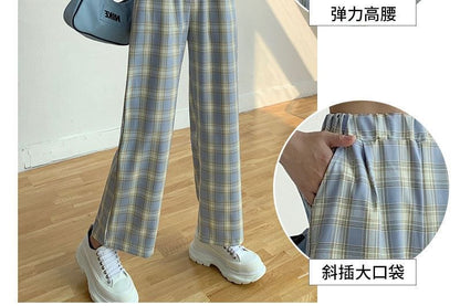 Waist Leg Plaid Pants Elastic Wide