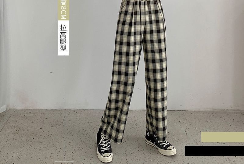 Waist Leg Plaid Pants Elastic Wide