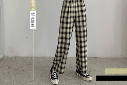 Waist Leg Plaid Pants Elastic Wide