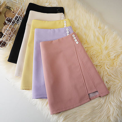 A-Line Mini Plain Skirt Waist High Panel Button