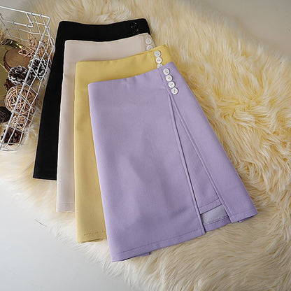 A-Line Mini Plain Skirt Waist High Panel Button