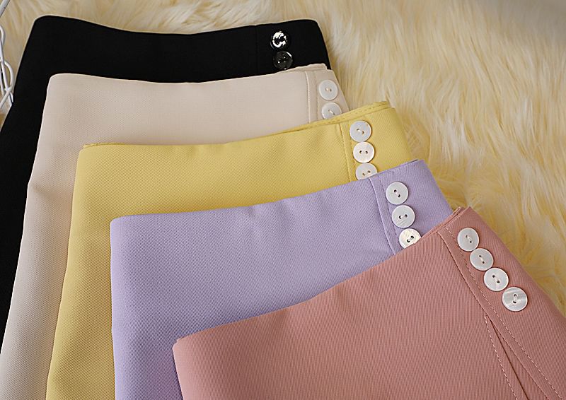 A-Line Mini Plain Skirt Waist High Panel Button
