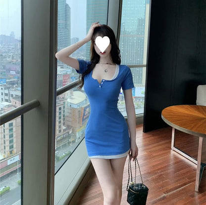 Short-Sleeve Dress Mini Piece Sheath Mock Henley Two