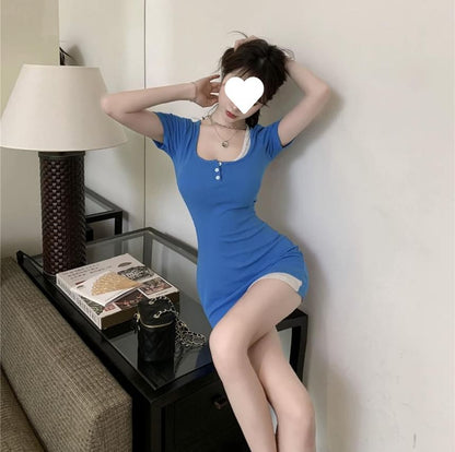 Short-Sleeve Dress Mini Piece Sheath Mock Henley Two