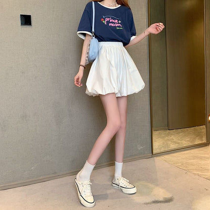 A-Line Mini Skirt Balloon Waist Plain Elastic
