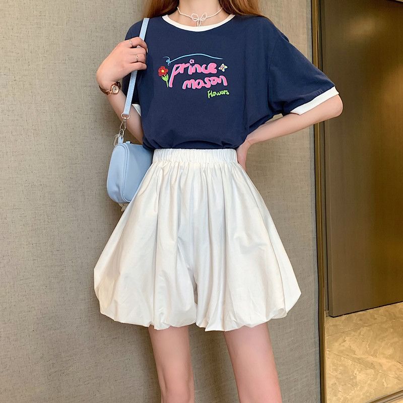 A-Line Mini Skirt Balloon Waist Plain Elastic