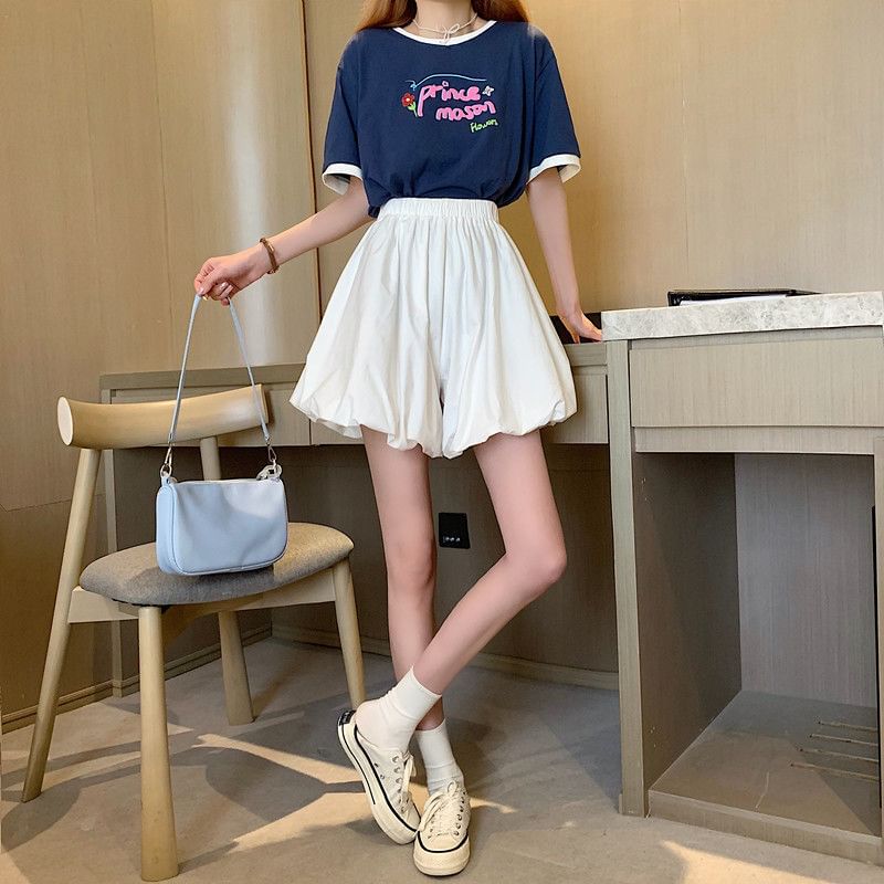 A-Line Mini Skirt Balloon Waist Plain Elastic