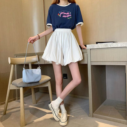 A-Line Mini Skirt Balloon Waist Plain Elastic