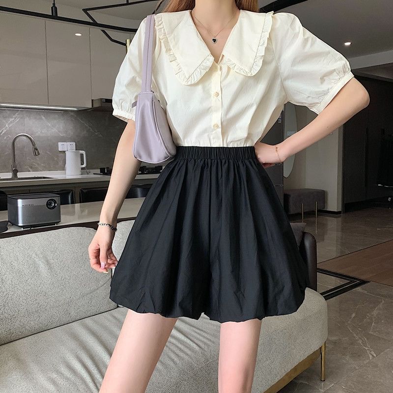 A-Line Mini Skirt Balloon Waist Plain Elastic