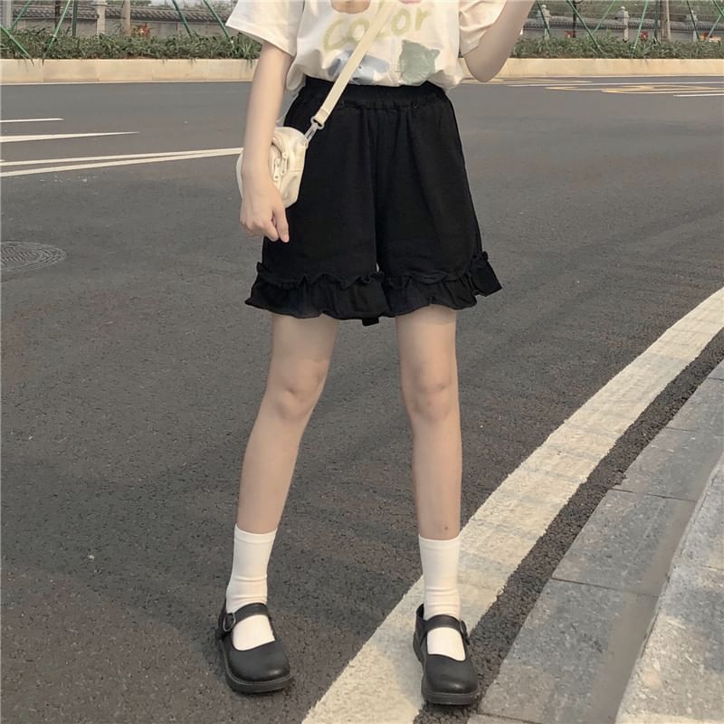 Ruffle Elastic Waist Shorts Plain