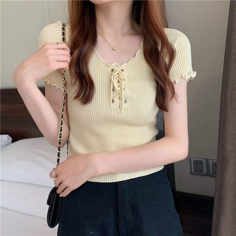 Short-Sleeve Knit Up Lace Top Ribbed V-Neck Plain