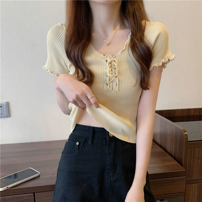 Short-Sleeve Knit Up Lace Top Ribbed V-Neck Plain