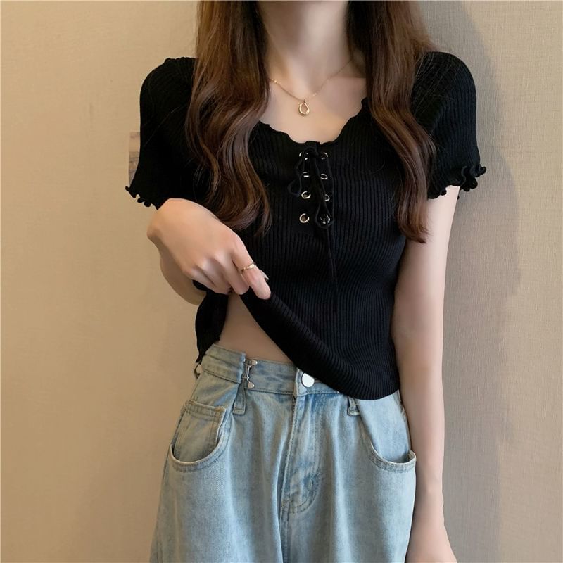 Short-Sleeve Knit Up Lace Top Ribbed V-Neck Plain