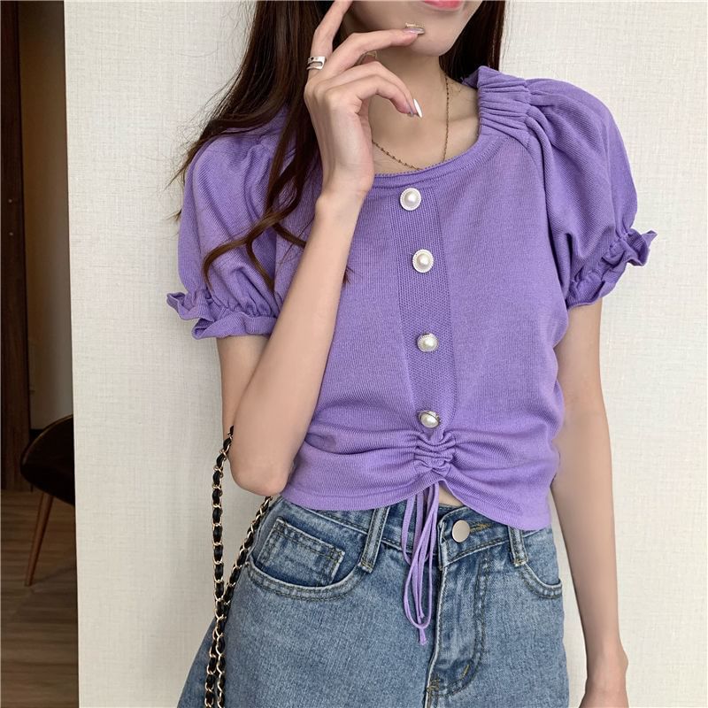 Drawstring Plain Button Neck Pearl Short-Sleeve Faux Square Top Knit