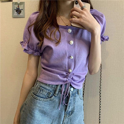Drawstring Plain Button Neck Pearl Short-Sleeve Faux Square Top Knit