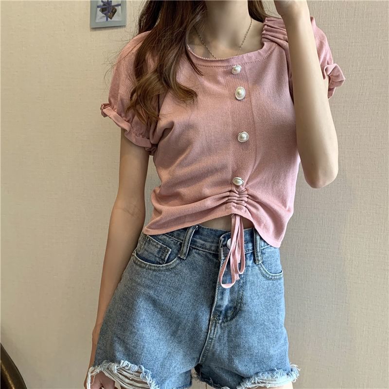 Drawstring Plain Button Neck Pearl Short-Sleeve Faux Square Top Knit