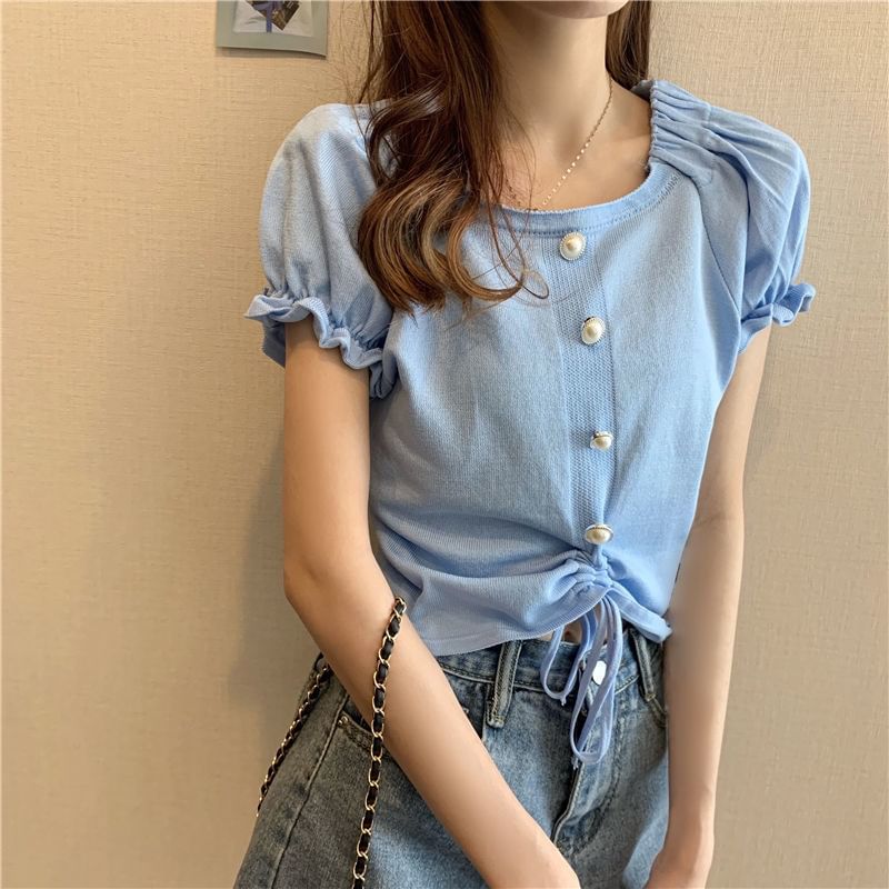 Drawstring Plain Button Neck Pearl Short-Sleeve Faux Square Top Knit