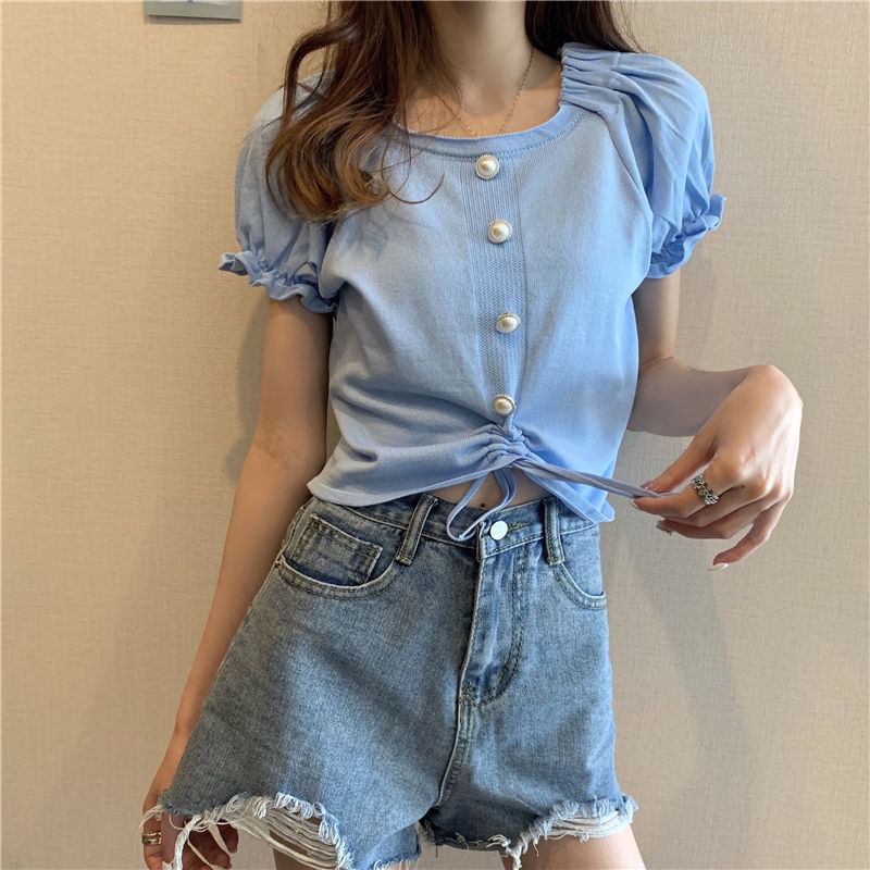 Drawstring Plain Button Neck Pearl Short-Sleeve Faux Square Top Knit